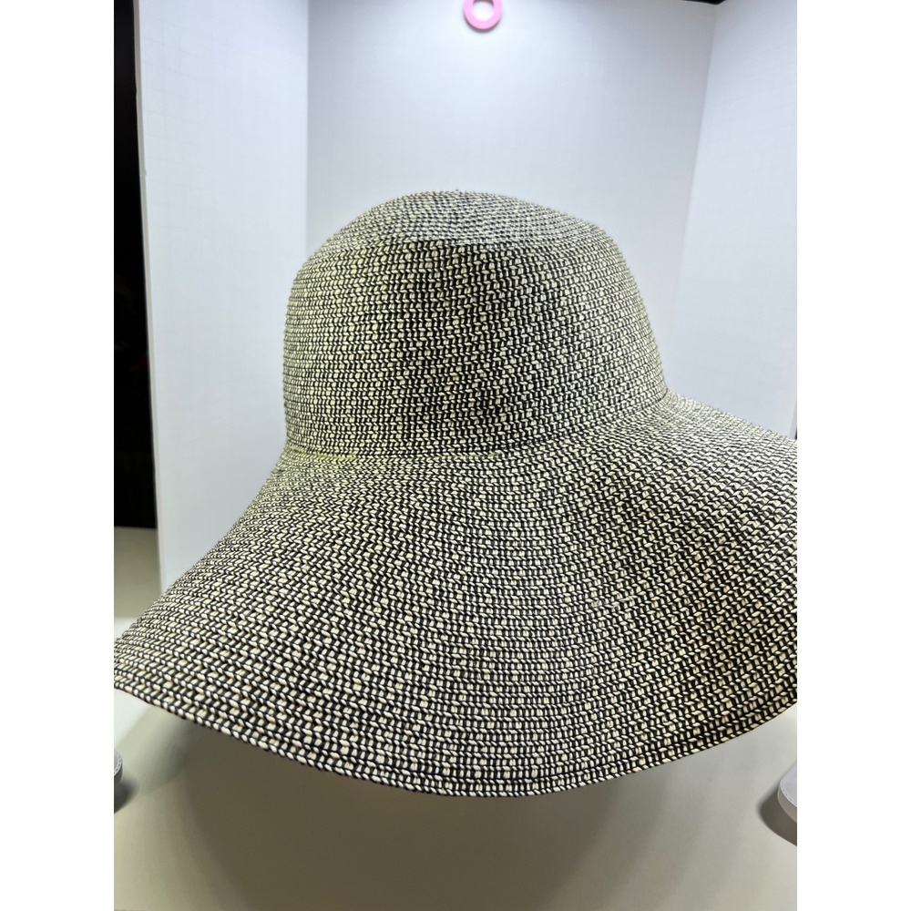 Nicole Marciano Womens Black White‎ Woven Straw Wide Brim Floppy Sun Hat